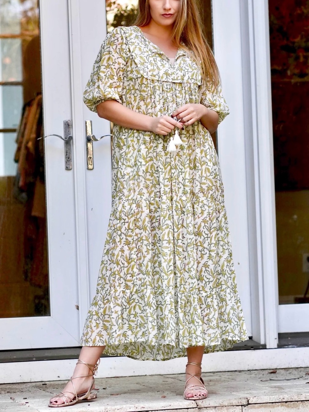 White and Green Floral Maxi Dress